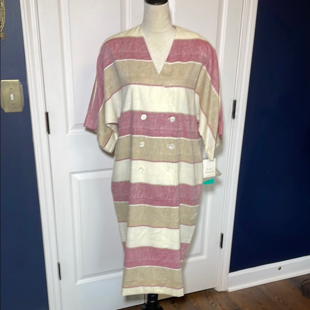 NWT Vintage Liz Claiborne Linen Blend Double Breasted V Neck Midi Dress